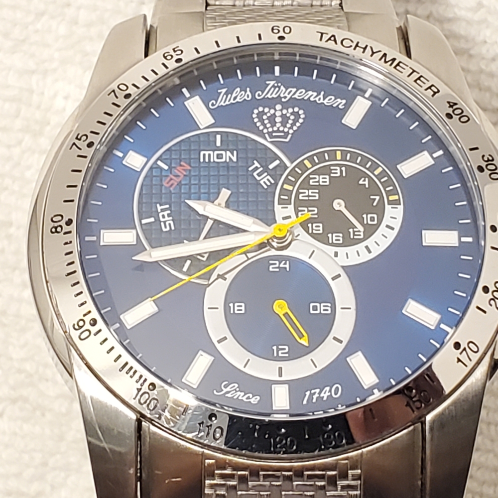 Vintage Jules Jurgensen Men's Blue Dial Day Date Stainless Steel Quartz Watch